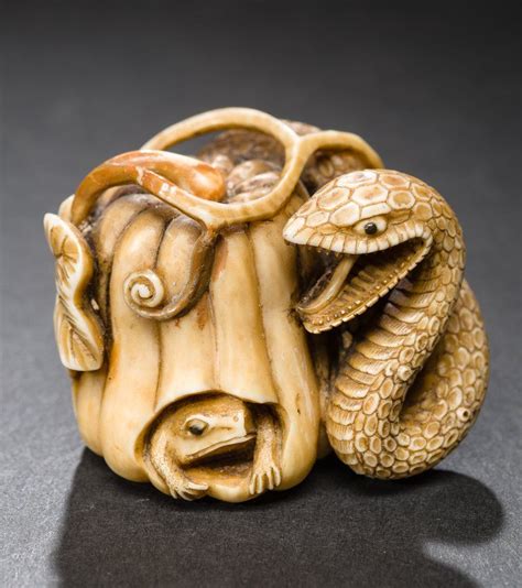 Snake Chases Frog In Pumpkin Netsuke Japanese Art Carving