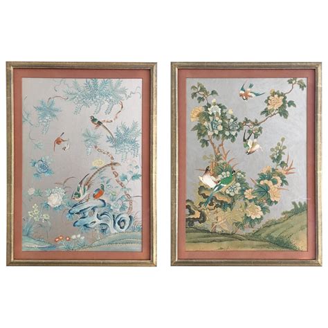 Pair Of Silver 1930s Chinoiserie Wallpaper Remnants Newly Framed