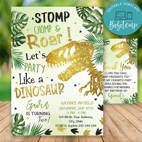 Editable T Rex Dinosaur 2nd Birthday Invitations Instant Download