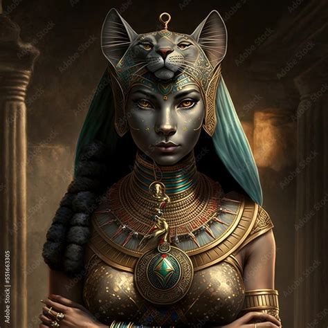 ancient egyptian goddess bastet ancient egyptian catwoman with gold jewelry ai stock