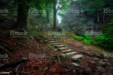 A Foggy Landscape Of Stairs From Hellish Valley To Chojnik Castle In