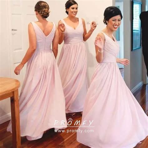 Pink Chiffon V Neck A Line Long Bridesmaid Dresses Promfy