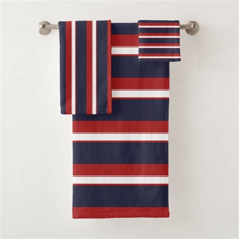Red White Navy Blue Stripes Nautical Stripe Bath Towel Set