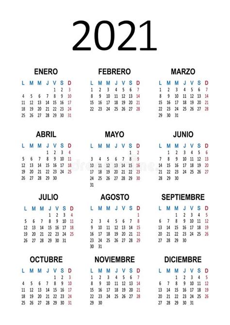 Calendario Anual Español 2021 La Semana Comienza El Lunes Vector Stock De Ilustración