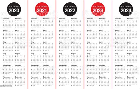 Jaar 2020 2021 2022 2023 2024 2025 Kalender Vector Ontwerpsjabloon