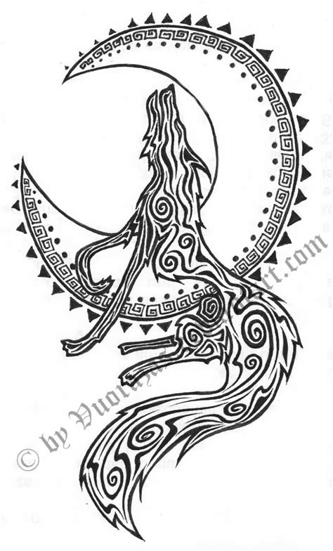 Tribal Wolf And Moon Indian Tattoo Design