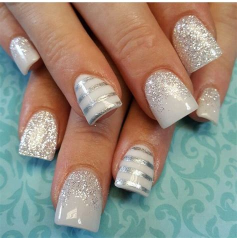 White Silver And Glitter Acrylic Nails Short Acrylic Nails Designs