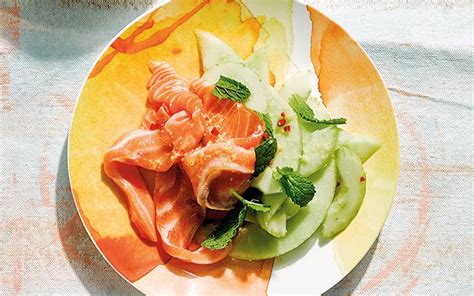 raw salmon with melon cucumber and ginger recipe