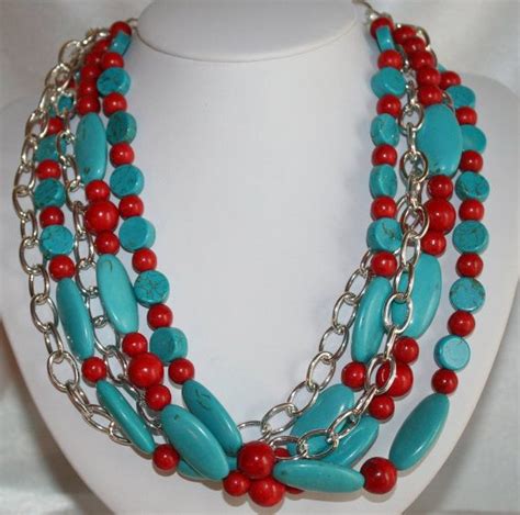 Blue Turquoise Magnesite Statement Necklace Red And Blue Beaded Multi