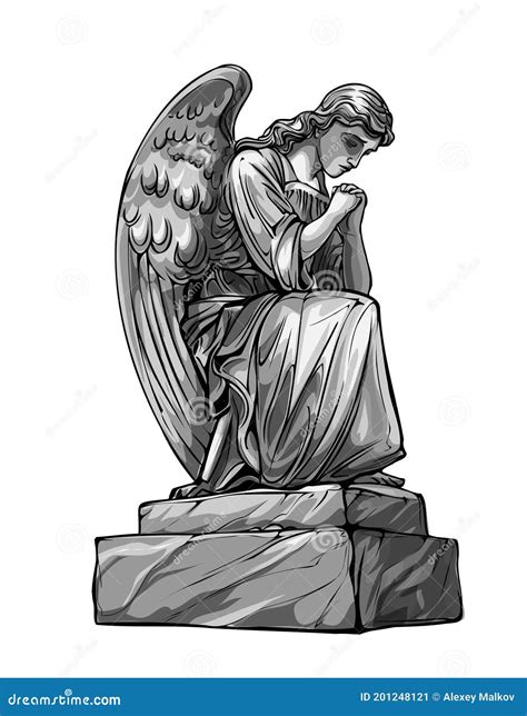 Crying Praying Angel Sculpture With Wings Monochrome Illustration Of