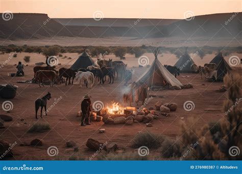 Nomadic Tribe Setting Up Camp With Tents Animals And Fire Stock Image