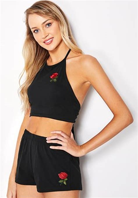 Bethany Rose Embroidered Matching Set Tie Up Halter Crop Top And Shorts