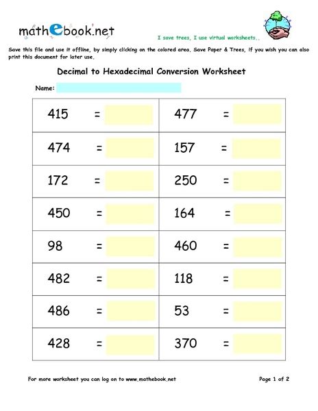 Decimal To Hexadecimal Conversion Worksheet For 10th 12th Grade