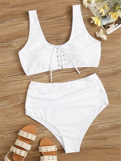 White Plain Plus Lace Up Lace Up Scoop Neck High Waist Top Bikini With