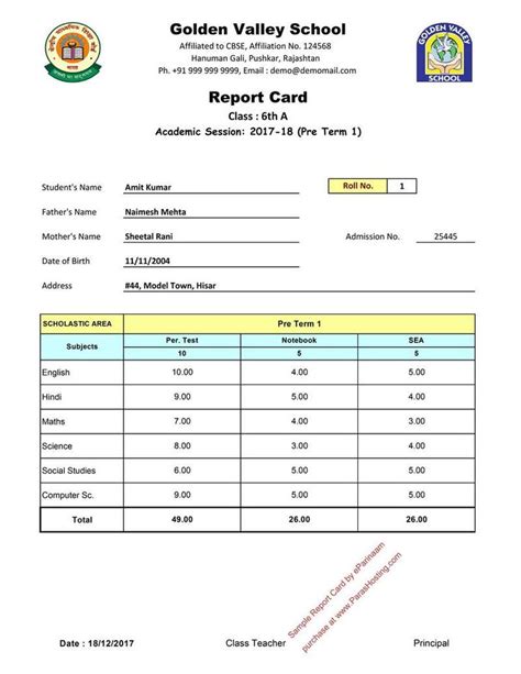 Cbse Report Card Format 2017 18 For Class 6th 7th 8th School