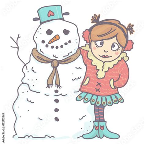 Cute Little Girl In Winter Clothing Hugging Funny Snowman Vector