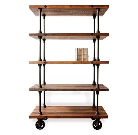 Allenby Industrial Reclaimed Wood 5 Shelf Rolling Bookcase S