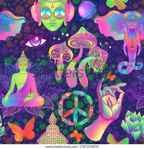 Psychedelic Vector Seamless Pattern Trippy Mushrooms Stock Vector