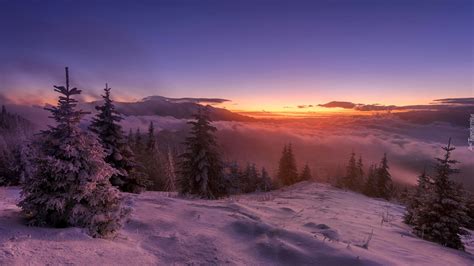 Zimowy Widok Na Zachód Słońca I Mgłę Unoszącą Się W Górach