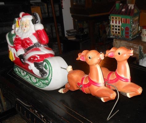 Vintage Blow Mold Santa Sleigh And Reindeer