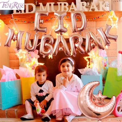 Fengrise Eid Mubarak Foil Balloons Rose Gold Letter Ballon Ramadan And