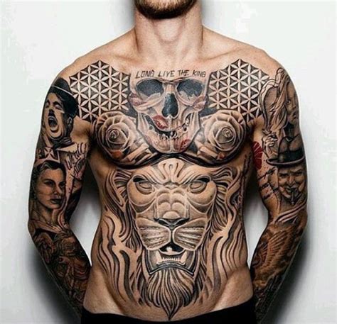 New School Style Black Ink Chest And Belly Tattoo Of Human