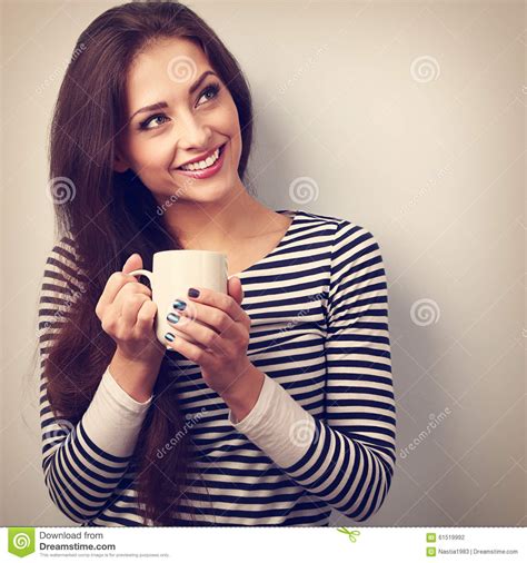Beautiful Calm Thinking Woman Drinking Hot Coffee From Cup Vintage