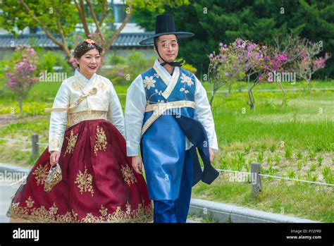 Beautiful Korean Woman Dressed Hanbok Korean Traditional Dress In Gyeongbokgung Palace Seoul