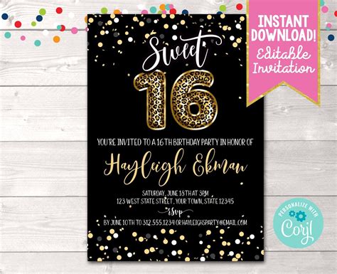 Instant Download Sweet 16 Birthday Party Invitation Editable Leopard