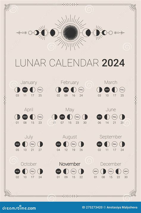2024 Year Lunar Calendar Moon Phases Year Cycle Planner Stock Vector