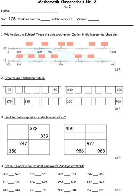 Kostenlose arbeitsblätter und übungen für deutsch in der 3. Klassenarbeit zu Zahlenraum bis 1000 | Klassenarbeiten ...