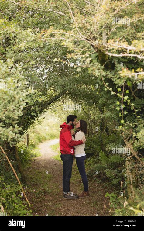 Affectionate Couple Kissing Under Tree Canopy Stock Photo Alamy