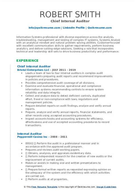 This auditor cv sample intends to provide you with a rough framework in order to hone your skills. Internal Auditor Resume Samples | QwikResume