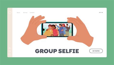 Group Selfie Landing Page Template Human Hands Holding Smartphone With Picture Of Happy Teen