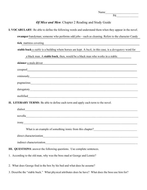 Reading And Study Guide Of Mice And Men Chapter 2 Worksheet For 8th
