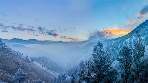 Landscape Nature Winter Snow Forest Valley Colorado Mountain Clouds Trees Mist Sunset