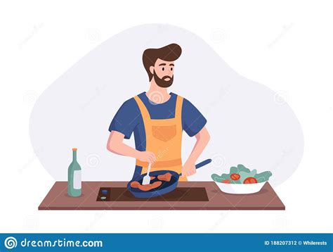 Chef Cooking Dinner At The Table In The Kitchen Cartoon Character
