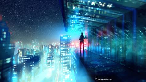 Download 1366x768 Anime City Night Buildings Cityscape