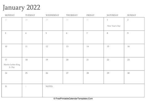 January 2022 Editable Calendar With Holidays And Notes