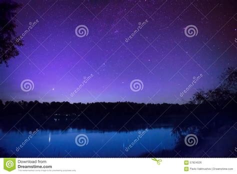 Beautiful Night Sky With Many Stars On A Lake Stock Photo