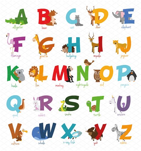 English Animal Alphabet Vector Pre Designed Illustrator Graphics