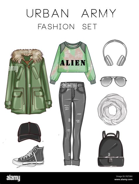 Fashion Set Of Womans Clothes And Accessories Green Military Parka