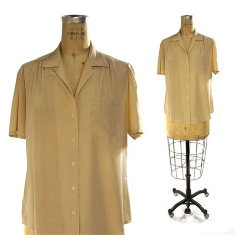 70s Silk Blouse Button Up Short Sleeve Silk Shirt In Nude