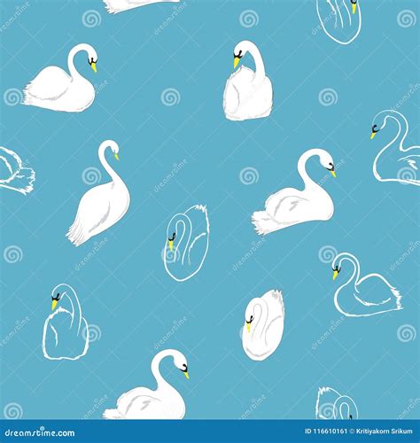 Minimal Hand Drawn Seamless Pattern Of Swans In The Lake Vector Stock