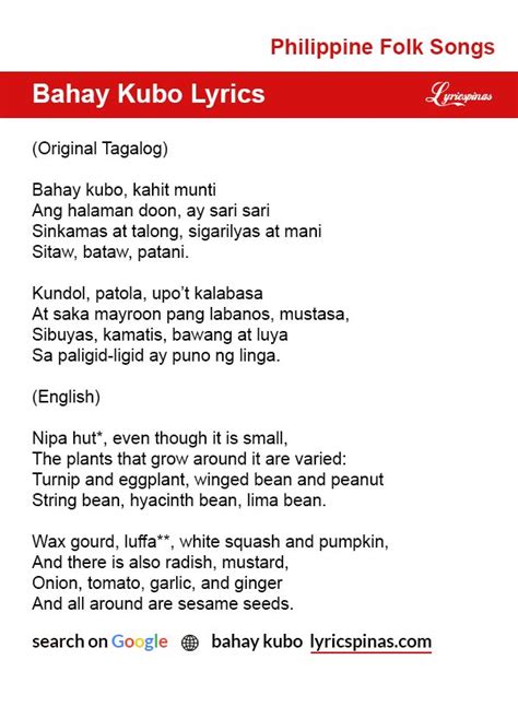 Bahay Kubo Lyrics English And Tagalog Bahay Kubo Tagalog Tagalog