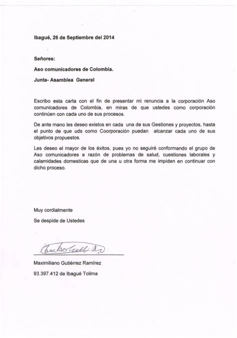 Carta De Renuncia A Asocomunicadores De Colombia