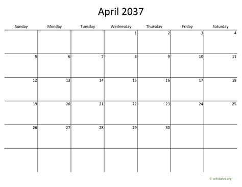 April 2037 Calendar With Bigger Boxes