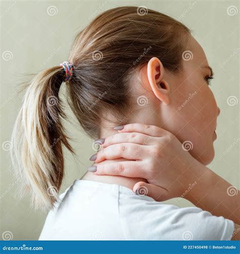 Neck Shoulder Pain Cervical Vertebrae Woman Holds Neck With Pain