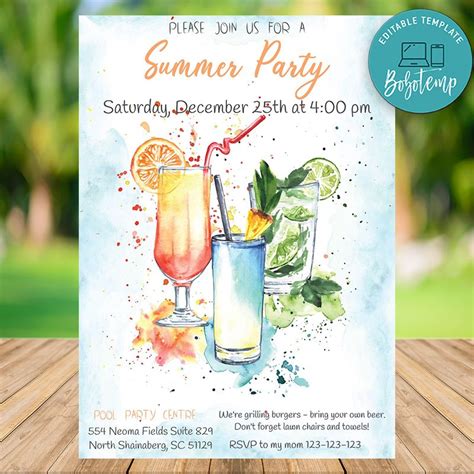 Editable Summer Cocktail Party Invitation Instant Download Bobotemp