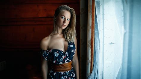 Wallpaper Women Blonde Blue Eyes Blue Dress Open Mouth Looking At Viewer Bare Shoulders